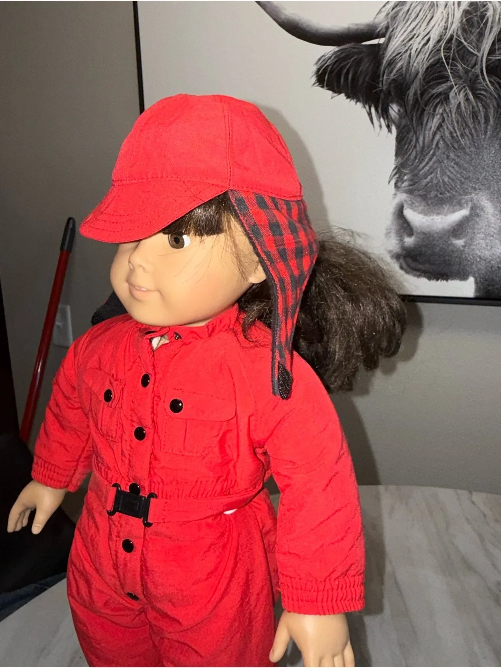 American Girl red snow suite & matching hat with plaid interior Molly’s collecti
